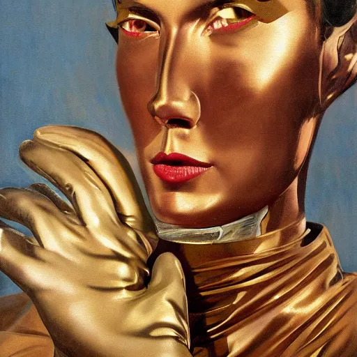 Prompt: closeup painting of uncannily beautiful aristocrat wearing latex and bronze catsuitand face paint inside bronze art deco arcology, science fiction by j. c. leyendecker and fritz lang and stefan prohaczka