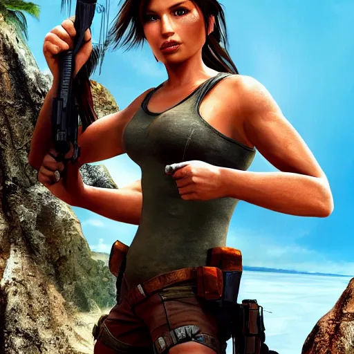 Image similar to lara croft poses with her big fish catch