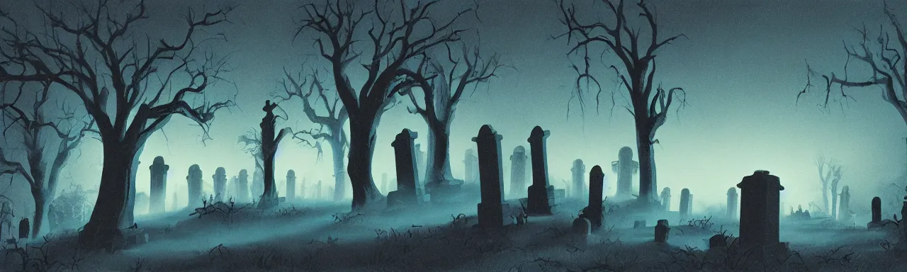 Prompt: A matte painting of tombstones in a spooky haunted graveyard at night by Eyvind Earle