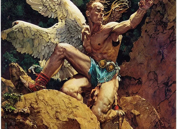 Image similar to portrait of a mythical griffin standing on a rock, by norman rockwell and jesper ejsing and jason fabok and tom lovell and frank schoonover