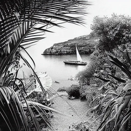 Image similar to “A photo of a beach and a french garden in 1993, tarot-like landscape it's lit by the camera flash. Surreal Greek architecture, mason, occult tarot symbols. Far away sail boat at the ocean”