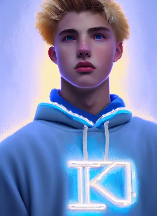 Image similar to portrait of high school senior boy named big moose, blonde short hair, jock, beefy, wide face, square jaw, square facial structure, blue varsity jacket with letter r, intricate, elegant, glowing lights, highly detailed, digital painting, artstation, concept art, sharp focus, illustration, art by wlop, mars ravelo and greg rutkowski