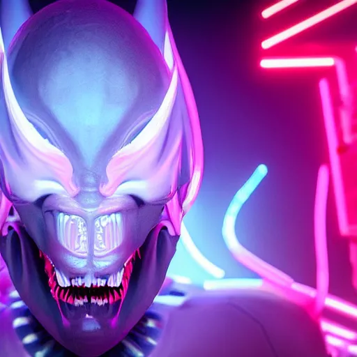 Image similar to synthwave demonic alien face with neon horns, detailed face, sharp focus, synthwave art, aesthetic, octane render, raw, cinematic