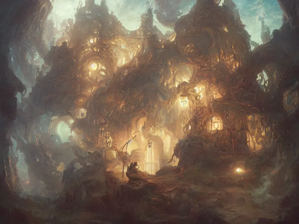 Prompt: detailed painting of a magical book that is a portal to a fantasy realm by Krenz Cushart, fantasy, dramatic light