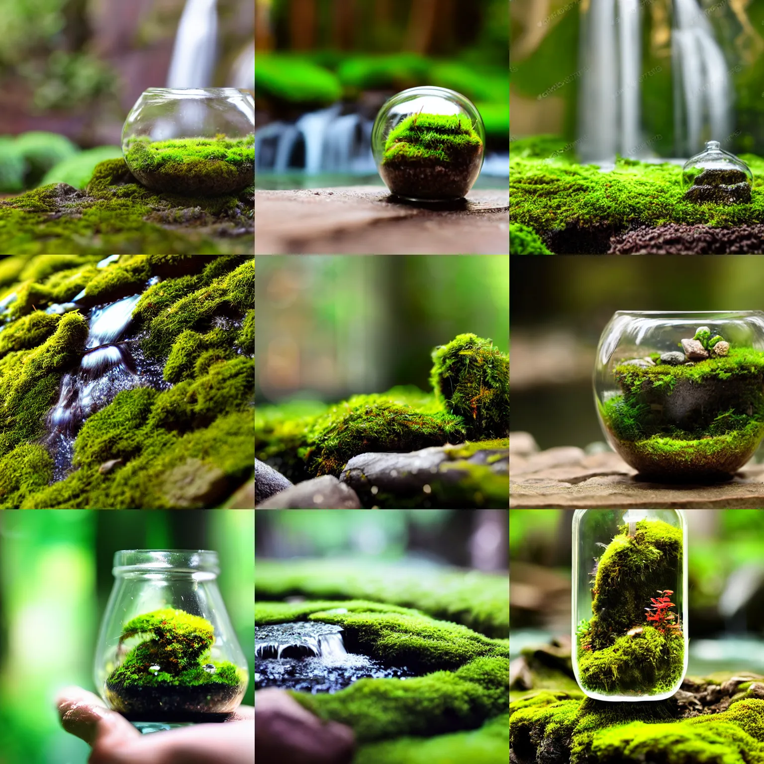 Prompt: moss terrarium, beautiful, bokeh, mini waterfall