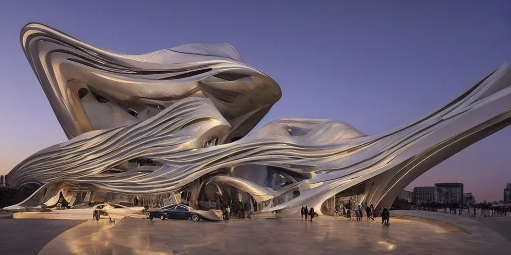 Image similar to extremely detailed ornate stunning sophisticated beautiful elegant futuristic museum exterior by Zaha Hadid, stunning volumetric light, beautiful sunset, tail lights