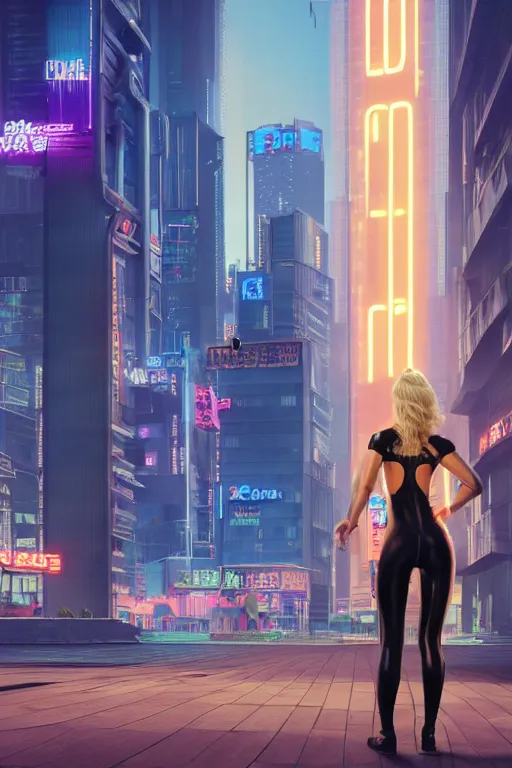 Prompt: blonde haired female lady wearing a catsuit looking at a bank in a cyberpunk city full of high rise buildings and neon signs 4k, very detailed faces, studio lightning, hard focus, beautiful volumetric lighting, epic light, ultra detailed by Leesha Hannigan, Ross Tran, Thierry Doizon, Kai Carpenter, Ignacio Fernández Ríos