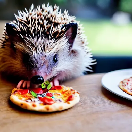 Image similar to still image of a cute hedgehog sitting at a tiny table eating a tiny pizza, photo