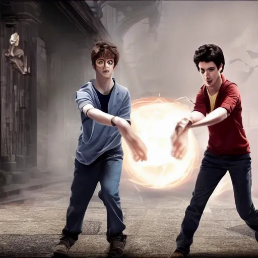 Prompt: harry potter and percy jackson playing rock paper scissors, cinematic still, high quality, high definition, 4 k