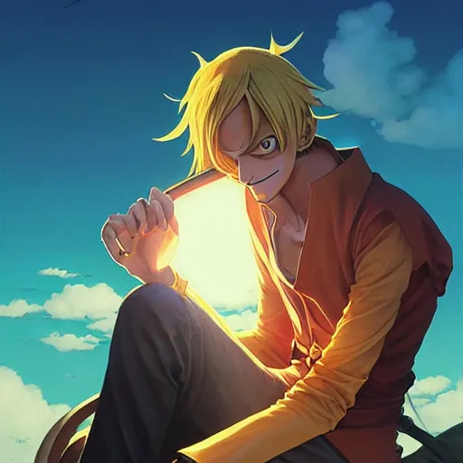 Prompt: sanji by eiichiro oda!, greg rutkowski, loish, rhads, beeple, makoto shinkai, tom bagshaw, alphonse mucha, sharp focus, art by artgerm and greg rutkowski, stanley kubrick, backlit, harsh overhead sunlight,