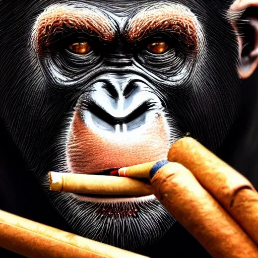 Image similar to a high detail photo of donald trump smoking a cigarrette, subject= chimp, subject detail: extremly detailed, subject action: smoking a cigar, photorealism, dramatic lighting, award winning photograph, trending on artstation