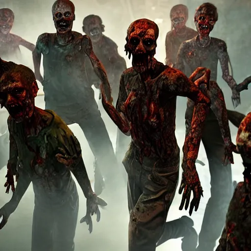 Prompt: a group of zombies coming towards the camera, highly detailed, photorealistic portrait, bright studio setting, studio lighting, crisp quality and light reflections, unreal engine 5 quality render