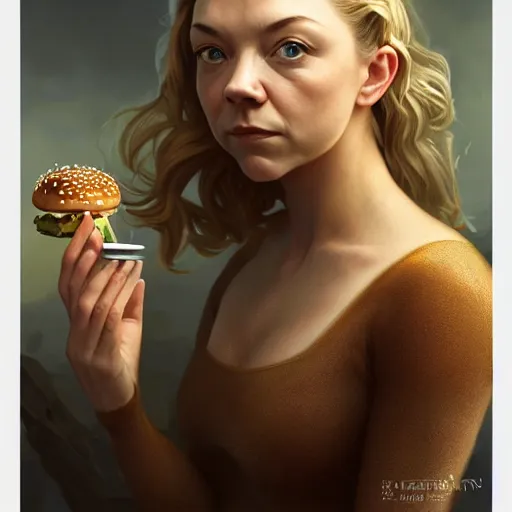 Prompt: portrait of Natalie Dormer eating hamburgers, extra onions and ketchup, luscious patty with sesame seeds, masculine ethereal, handsome, D&D, fantasy, intricate, elegant, highly detailed, digital painting, artstation, concept art, matte, sharp focus, illustration, art by Artgerm and Greg Rutkowski and Alphonse Mucha