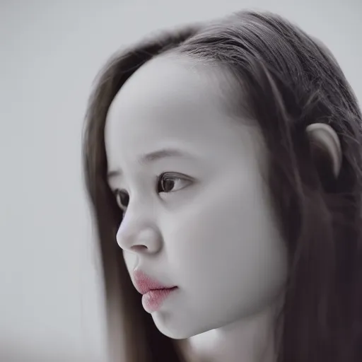 Prompt: photograph of girl with big forehead with square face and small bird beak lips and small round nose and dark black, high detail 8k,
