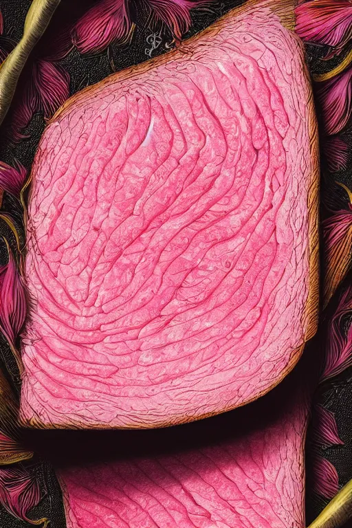 Prompt: ultra realistic illustration, portrait of a pink sliced roast-beef plumeria tropical bouquet background, close up shot, fantasy, intricate, elegant, highly detailed, digital painting, artstation, concept art, smooth, sharp focus, illustration, surrealism