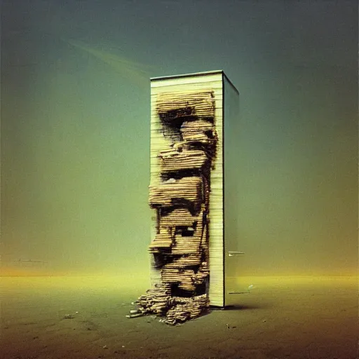 Prompt: tall boxes falling out of space side - by - side, pixel sorting, objects levitating, zdzislaw beksinski