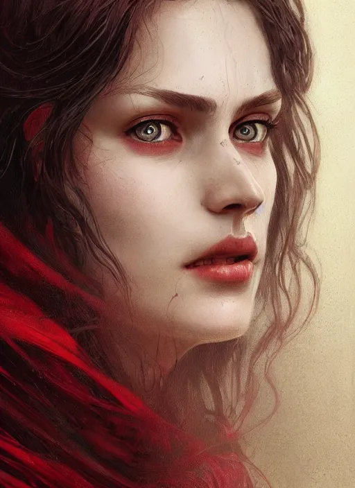 Image similar to vertical portrait of a ruggedly handsome female cleric, soft hair, close - up face, leather, witchy, d & d, fantasy, intricate, elegant, highly detailed, digital painting, artstation, concept art, smooth, sharp focus, illustration, art by artgerm and greg rutkowski and alphonse mucha, plain red background