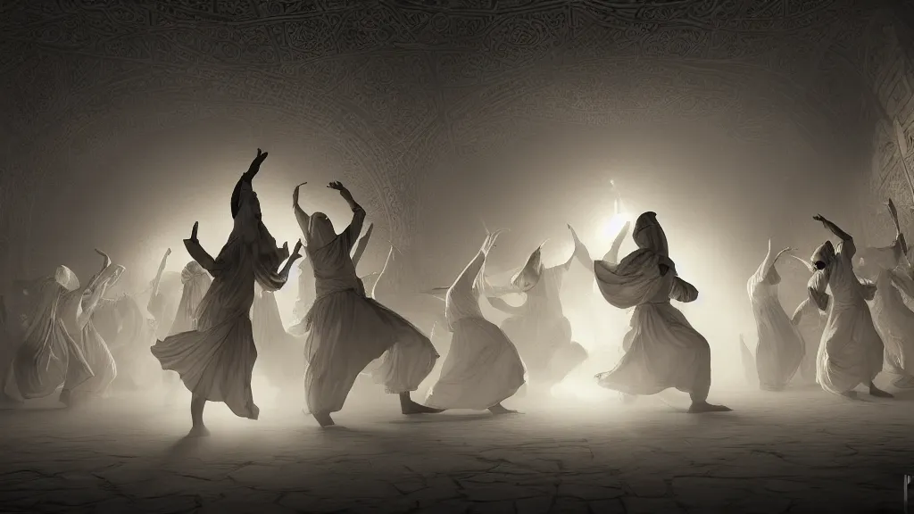 Image similar to tyrkisk sufi dance, sufi, arabic words, bysintine, gothic, 4 k, smokey, michael whelan, peter mohrbache, giovanni paolo panini style epic, volumetric light, insanely detailed, unreal engine render, artstation trends, hyper detail, epic art style, cinematic, concept art, soft white gold lights