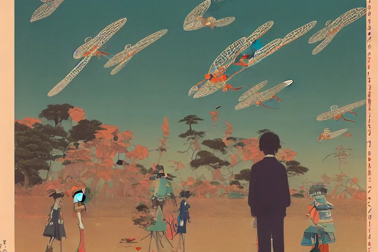 Image similar to gigantic dragonflies with human faces catch tiny robots, a lot of exotic mechas robots around, human heads everywhere, risograph by kawase hasui, dirtyrobot, edward hopper, satoshi kon and moebius, colorful flat surreal design, super - detailed, a lot of tiny details, fullshot