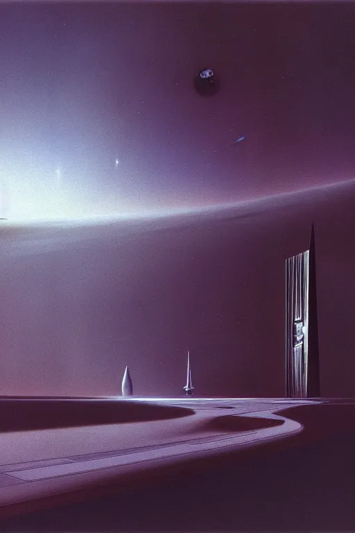 Prompt: emissary space by arthur haas and bruce pennington and john schoenherr, cinematic neon matte painting, zaha hadid building, photo realism, dark moody color palate,