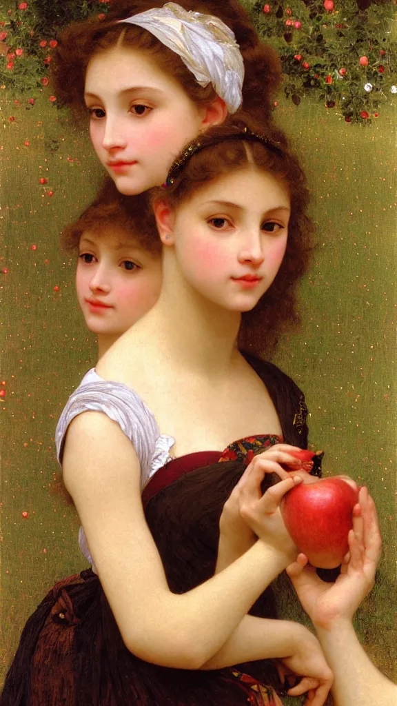 Image similar to painting portrait of a beautiful girl with an apple in her hand, intricate, elegant, digital painting, smooth, sharp focus, shiny gold, realistic gold, realistic metal, by William-Adolphe Bouguereau and Gustav Klimt,