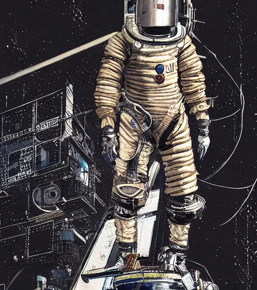 Image similar to realistic cyberpunk engineer with long limbs and a black spacesuit on a spacewalk, techwear, dead space, visible face, Industrial Scifi, detailed illustration, character portrait, by Ashley Wood and Moebius