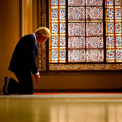 Prompt: Trump praying in mosque, award winning cinematic photography, 50 mm, blurred background, trending on Shutterstock