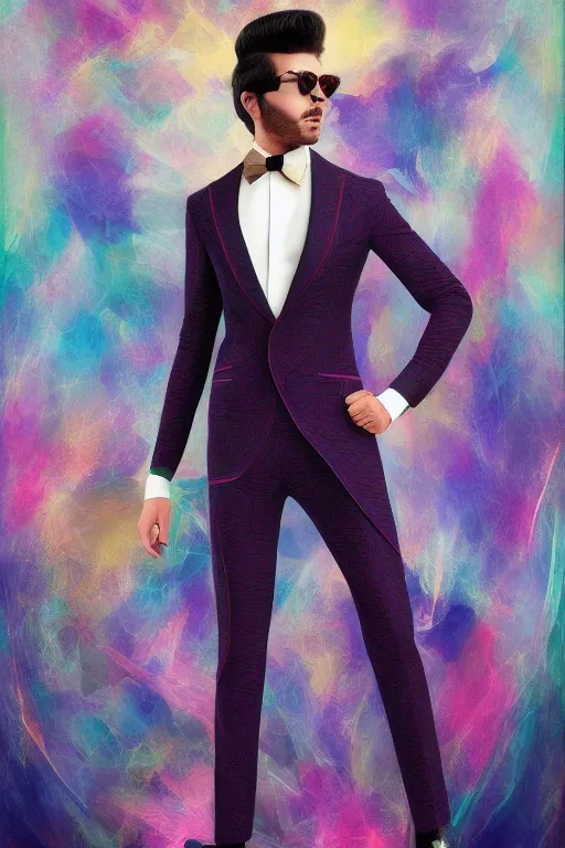 Prompt: hyper realistic male powersuit dapper look artwork of high - end haute couture bespoke fashion by ali sabet, lisa frank & sho murase