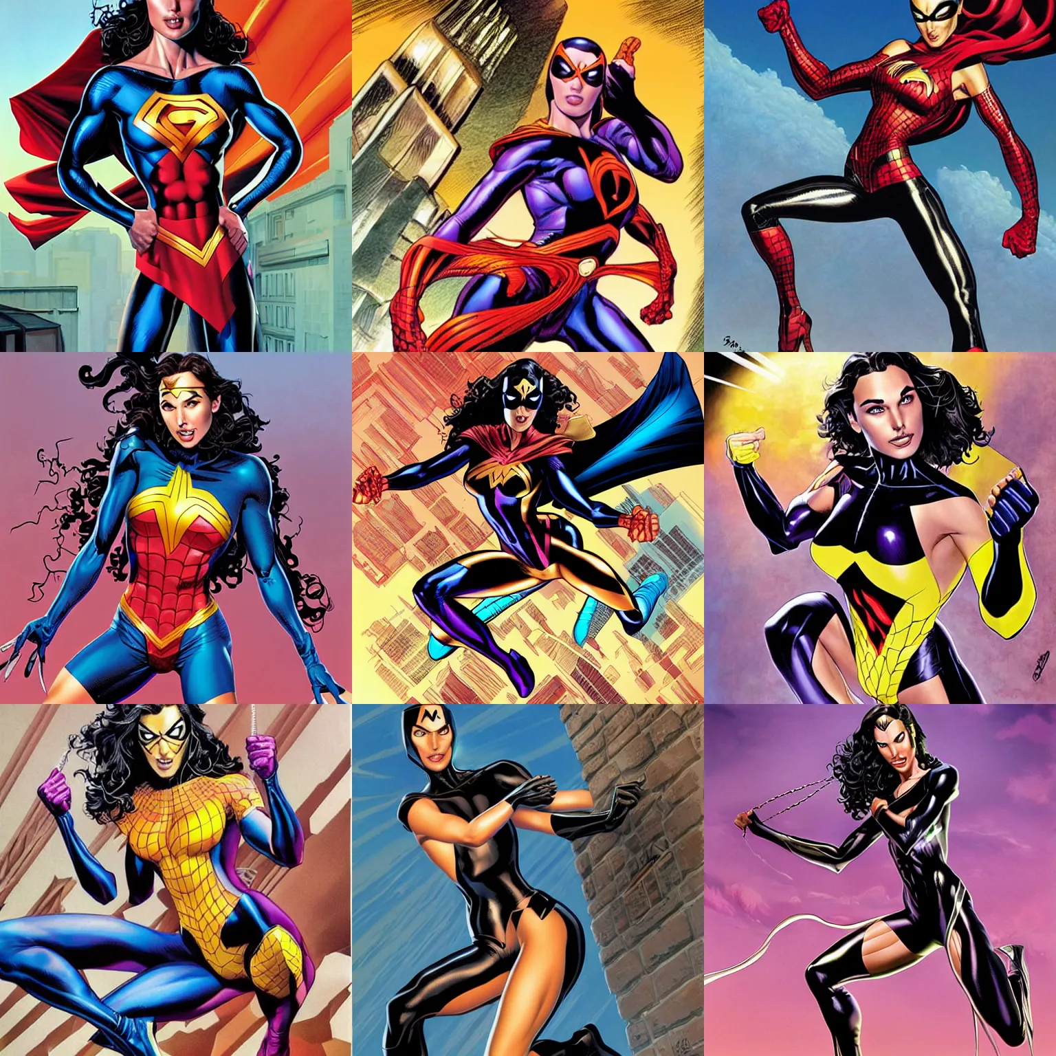 Prompt: model Gal Gadot as spidergirl in a strong pose by brian bolland by alex ross by Esad Ribic by Greg Land digital painting digital art