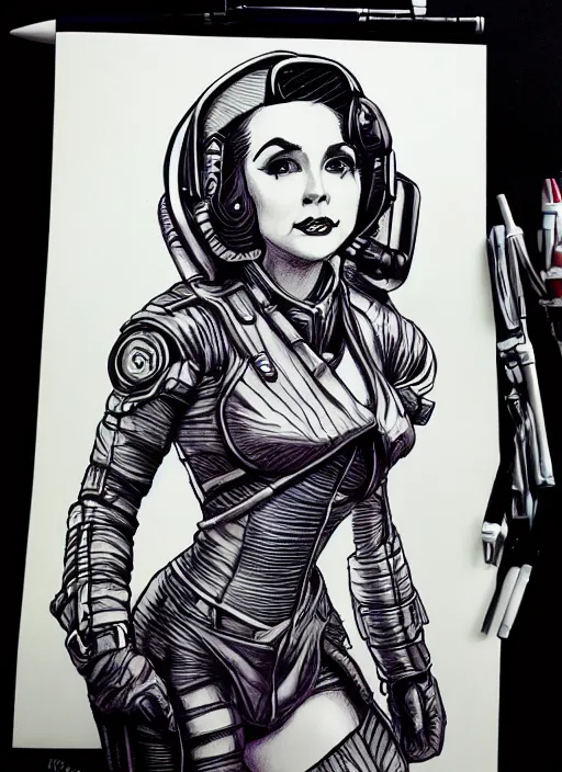Prompt: ballpoint pen drawing d & d style retro sci - fi pilot pinup, beautiful face! and wearing full detailed clothing, lowpoly