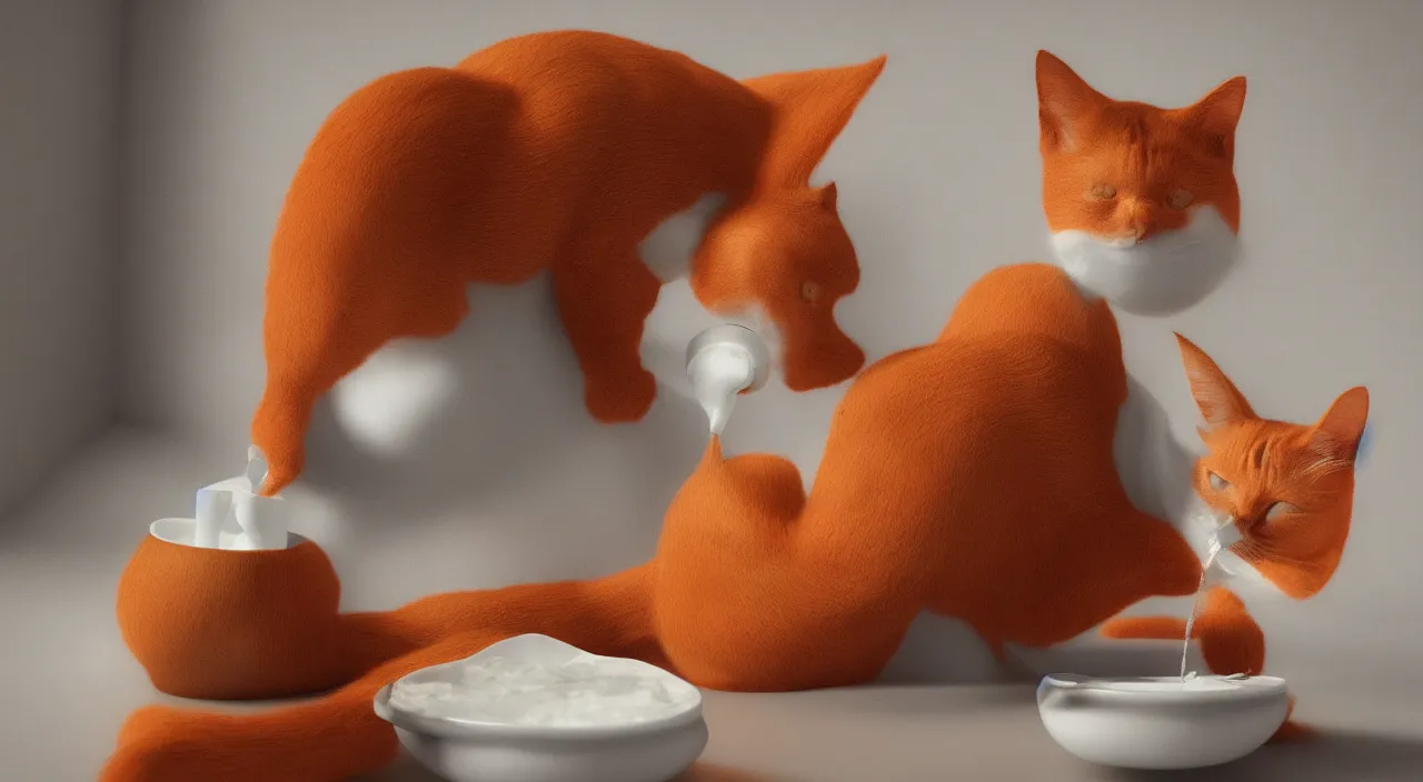 Prompt: orange cat, drinking milk in a bowl, digital art,octane render