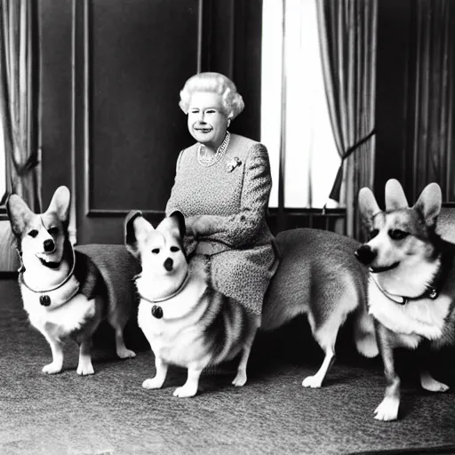 Image similar to historical photo of queen elizabeth having gin martinis with her corgis, the corgis are wearing sweaters, royal palace interior, natural sunlight, soft focus, highly detailed, depth of field