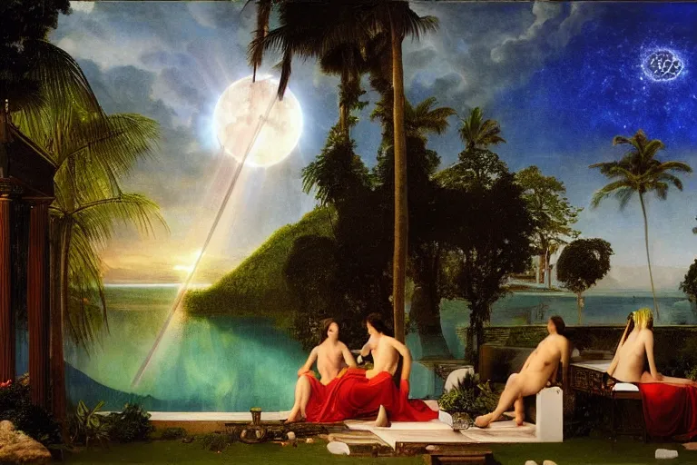 Image similar to The gazebo chalice, refracted moon sparkles, thunderstorm, greek pool, beach and Tropical vegetation on the background major arcana sky and occult symbols, by paul delaroche, hyperrealistic 4k uhd, award-winning, very detailed paradise