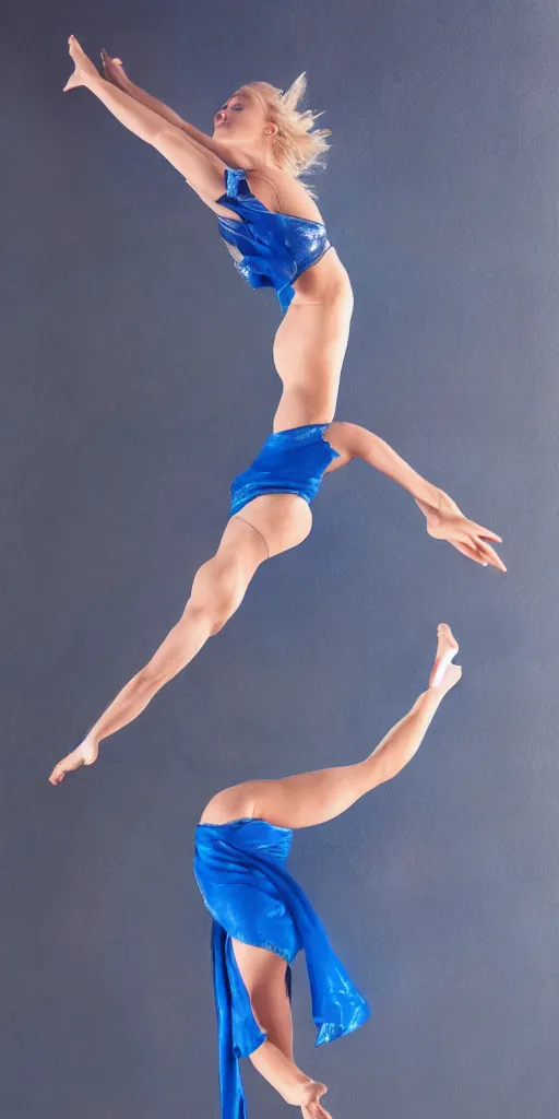 Prompt: painting of a short hair blond girl doing Aerial dance, blue cloth, cosmic, 8k, volumetric light