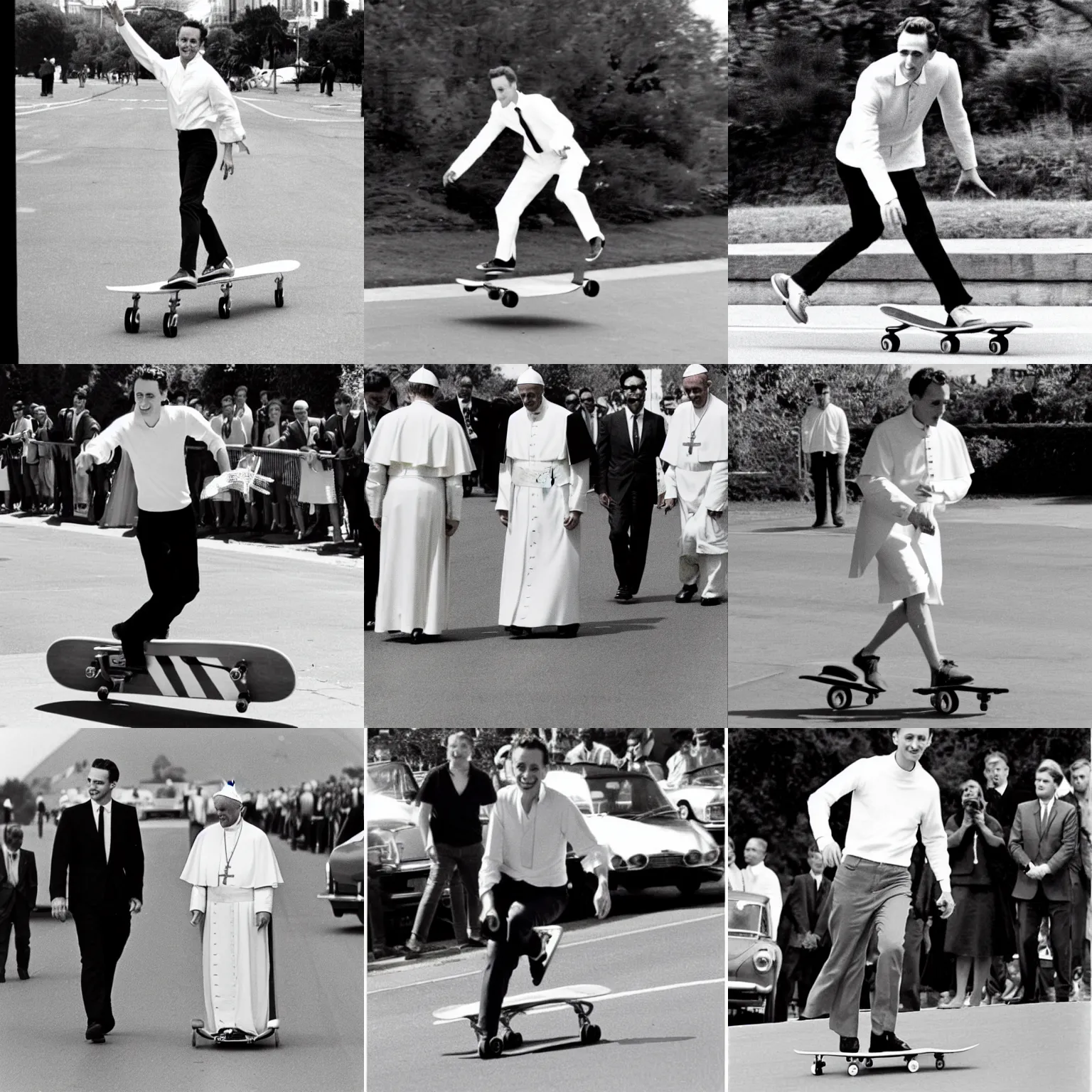 Prompt: Tom Hiddleston skateboarding with the pope, 1960s