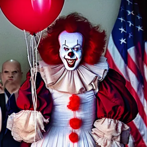 Prompt: Pennywise the clown giving an official speech as president of the USA, 4K realistic