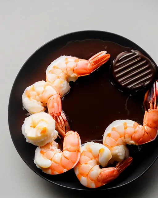 Image similar to dslr food photograph of a cup of ice cream with shrimps on top. chocolate sauce, shrimp, banana slices. 8 5 mm f 1. 4