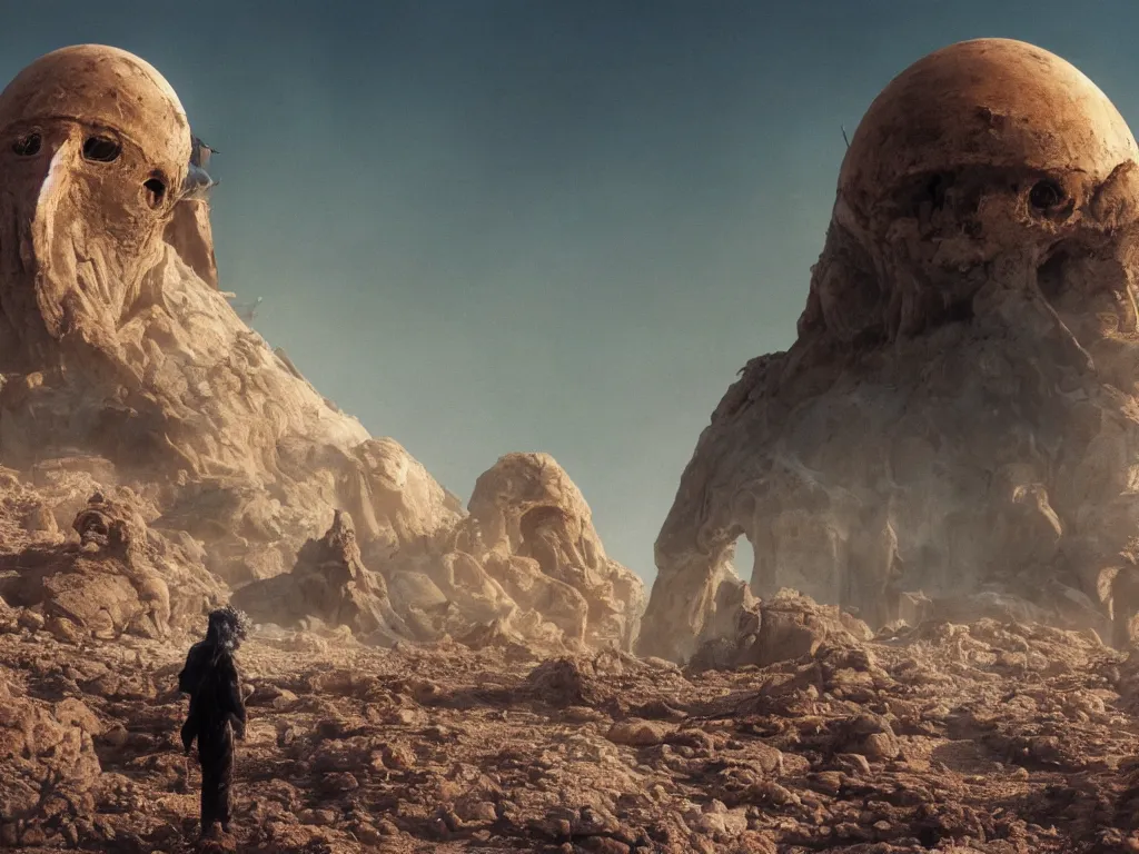 Prompt: glowing veiled grey ghost in full - face golden mask in a dry rocky desert landscape with abandoned city beneath the sand and giant alien spaceship in the sky attacks the earth by christopher doyle and alejandro jodorowsky, anamorphic lens, kodakchrome, cinematic composition, very detailed photo, 8 k,