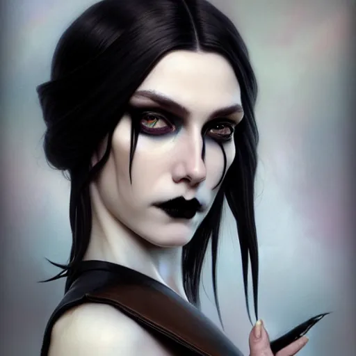 Image similar to portrait painting of an androgynous witch with shoulder length flowing black hair pale skin and beautiful dark brown eyes wearing goth clothes, ultra realistic, concept art, intricate details, eerie, highly detailed, photorealistic, octane render, 8 k, unreal engine. art by artgerm and greg rutkowski and alphonse mucha