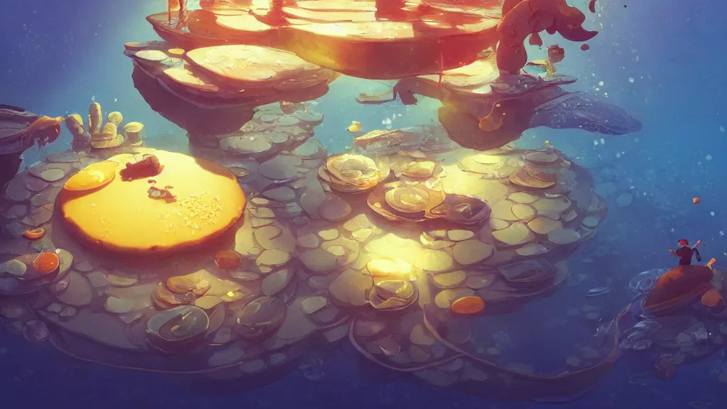 Image similar to digital underwater art of a happy flat pancake fish swimming in syrup, cute, 4 k, fish made of pancake, fantasy food world, living food adorable pancake, vivid atmospheric lighting, by makoto shinkai, studio ghibli, greg rutkowski, ross tran