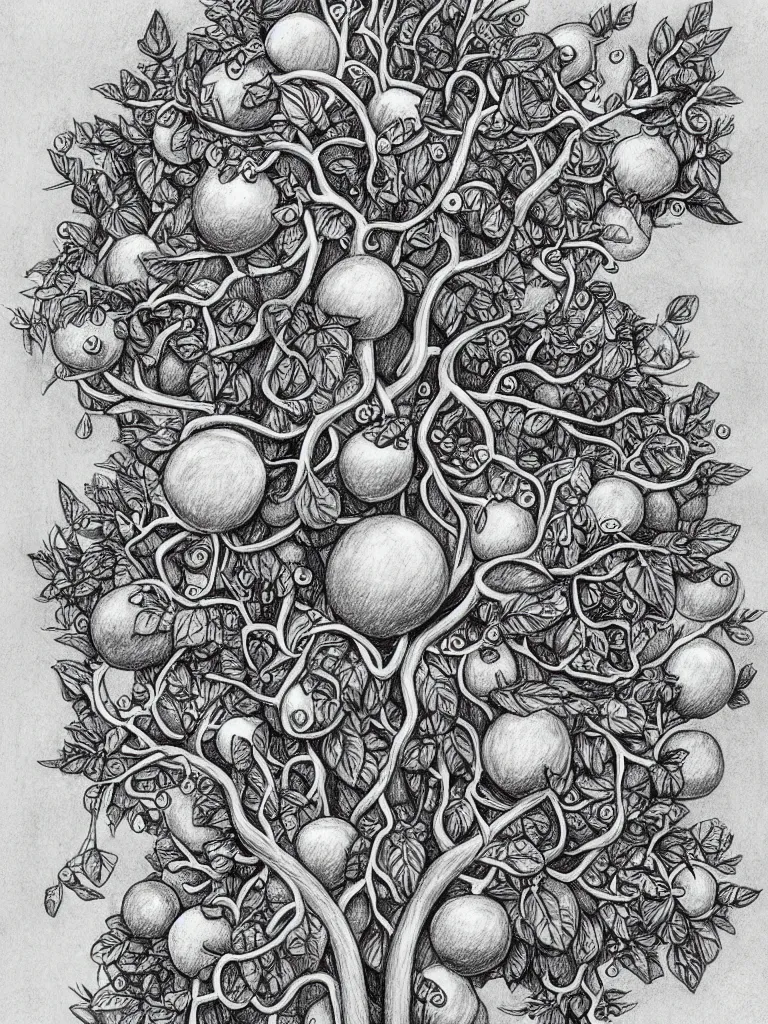 Prompt: highly detailed pencil drawing of a mythical tree of pizza toppings, branches with tomatoes and mozzarella balls and basil leaves, deviantart, lowbrow, surrealism