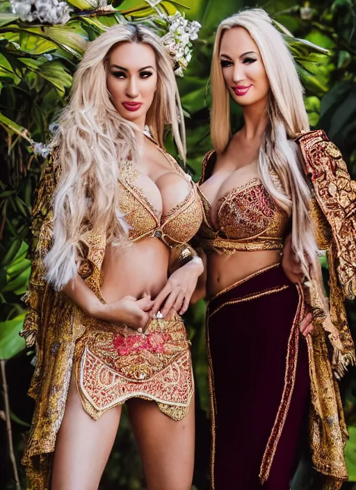 Image similar to portrait of jordan carver and lindsey pelas wearing kebaya in bali temple, by charlotte grimm, natural light, detailed face, beautiful features, symmetrical, canon eos c 3 0 0, ƒ 1. 8, 3 5 mm, 8 k, medium - format print,