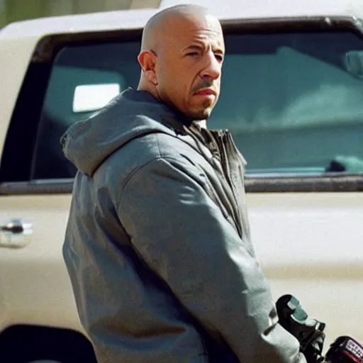 Image similar to film still of vin diesel as walter white selling meth in Breaking Bad