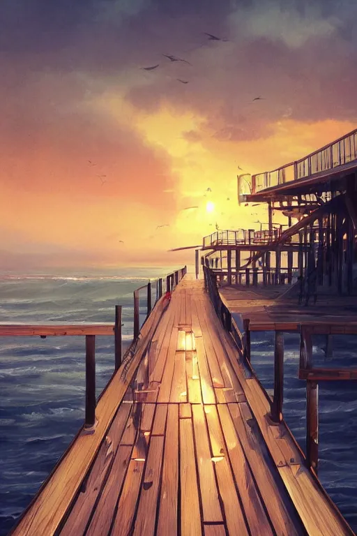 Prompt: marmalade sky with [ metal ] boardwalk along the ocean, trending on artstation, cgsociety, polycount, illustrated by greg rutkowski, intricate, detailed