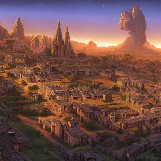 Image similar to a medieval village next to a space port. used future aesthetic. digital matte painting by james gurney and david mattingly.