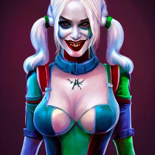 Image similar to harley quinn from the suicide quad, full body shot, fantasy, medieval, vivid colors, elegant, concept art, sharp focus, beautiful face, digital art, Hyper-realistic, 4K, Unreal Engine, Highly Detailed, HD, Dramatic Lighting by Brom, trending on Artstation