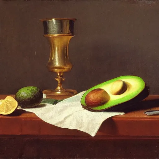 Image similar to still life by willem claesz heda, avocados, chalice, fly, linen, bread