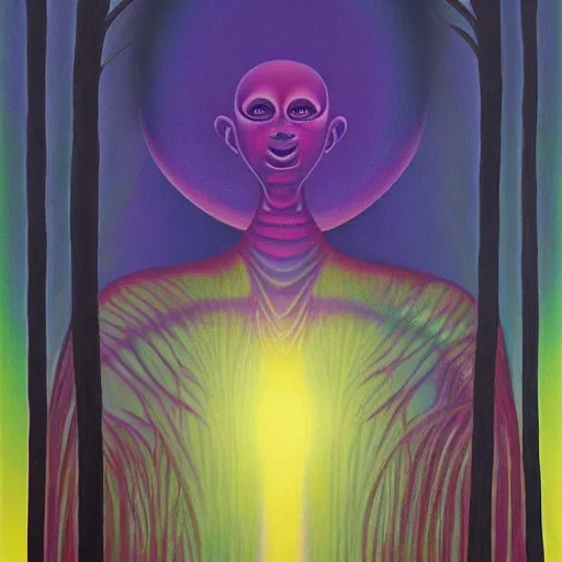 Image similar to painting of a tranquil alien looking up at sky in dense foggy forest by Alex Grey, acrylic art, ethereal, soothing, somber, elegant, warm light, cozy, glows,