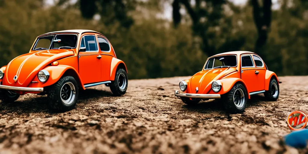 Image similar to Hot Wheels, vw bug baja, cinematic, Maxxis, 8k, depth of field, bokeh.