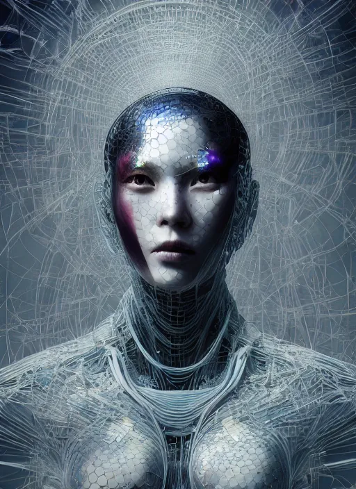 Image similar to portrait of a futuristic geisha cyborg, made from million point clouds, in the style of ghost in the shell, kintsugi, modern fine art, fractal, intricate, elegant, highly detailed, digital photography, subsurface scattering, by jheronimus bosch and he giger and greg rutkowski,